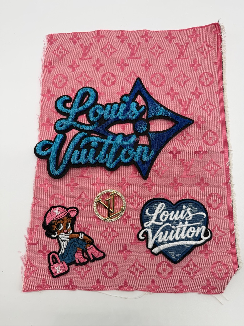 5pc Betty boop, Pink fabric,Patches with Blue denim heart, gold brooch